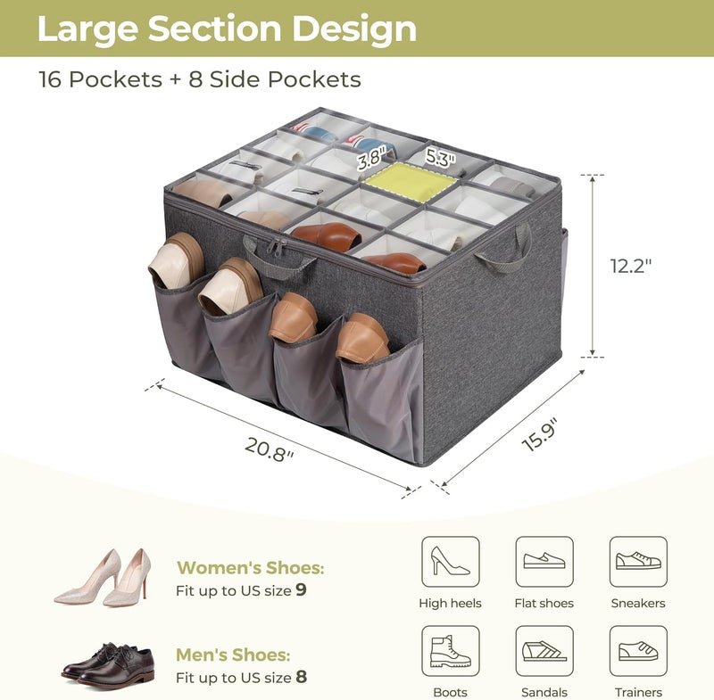 STORAGEIDEAS Shoe Organizer for Closet, Shoe Storage Solution with Clear Cover & Adjustable Dividers, Fabric Shoe Box Fits 16 +8 Pairs Shoes, Grey, 1-Pack - Image 2